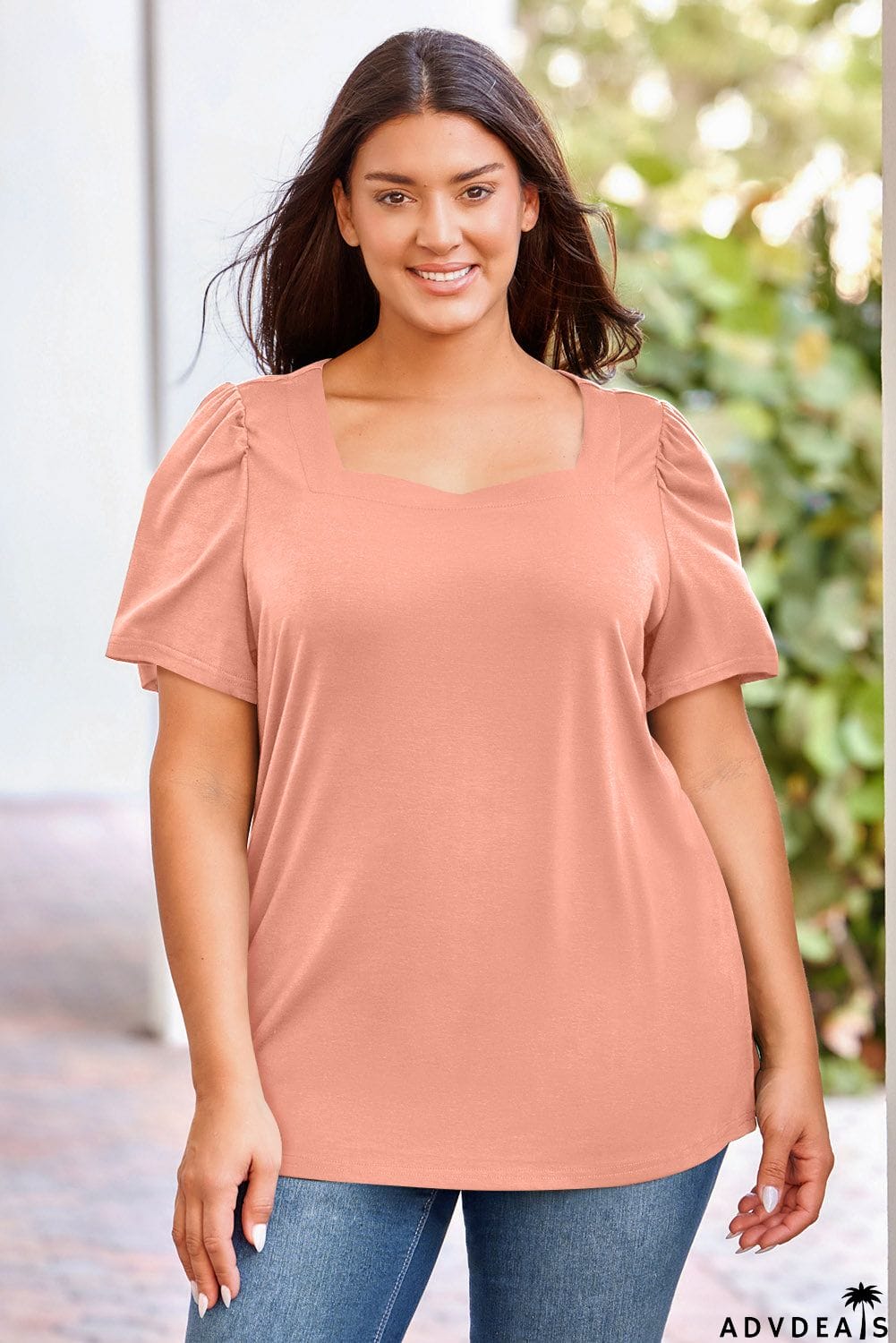 Plus Size Square Neck Puff Sleeve Tee