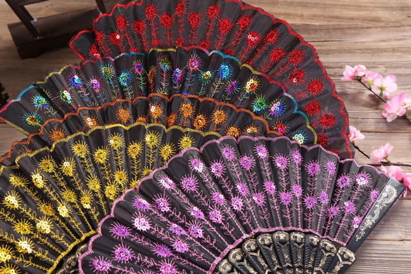 Black Rod Sequin Fan Embroidery Fan Dancing Folding Fan Peacock Fan Gift Folding Fan Fan Wing Chun Fan