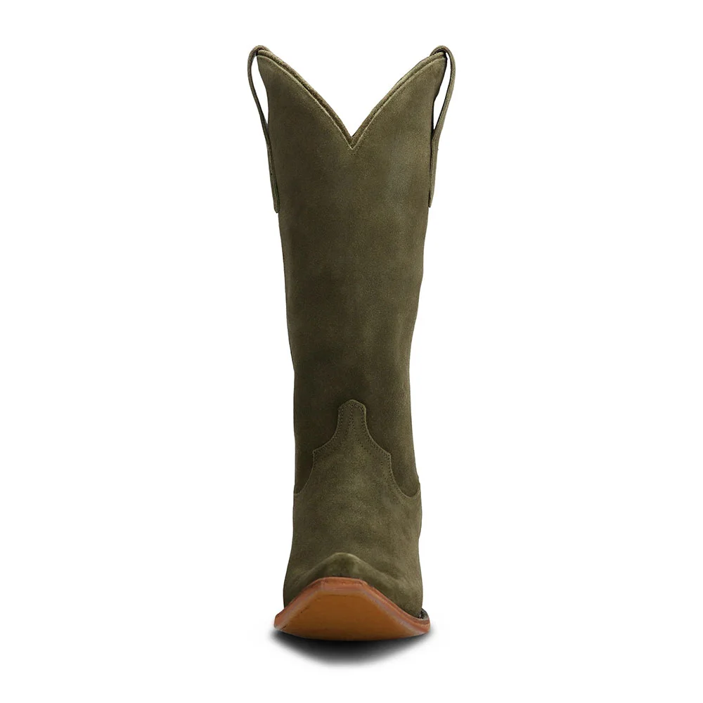 Fashion Olive Comfy Low Chunky Heel Mid Calf Cowboy Boots for Women