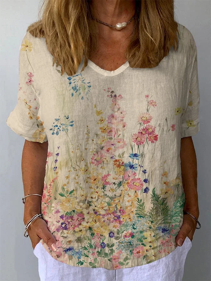 Women's Retro Floral Casual V-Neck Cotton And Linen Top
