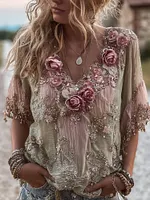 Women's Vintage Rose Floral Art Linen Blend Comfy T-shirt