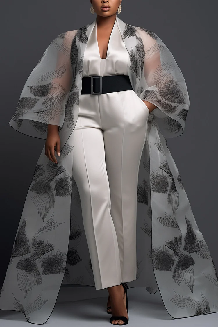 Xpluswear Design Plus Size Formal Grey Graphic V Neck Long Sleeve Pocket Satin Jumpsuits Cardigan Set  [Pre-Order]