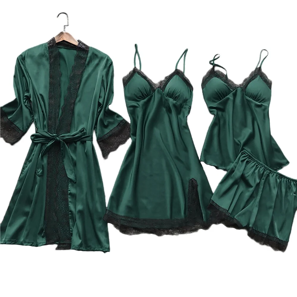 CALOFE Summer 2023 Women Pajama Sets 4 Pcs  Lace Pyjamas Women Satin Silk Sleepwear  Pijama with Chest Pads Homewear