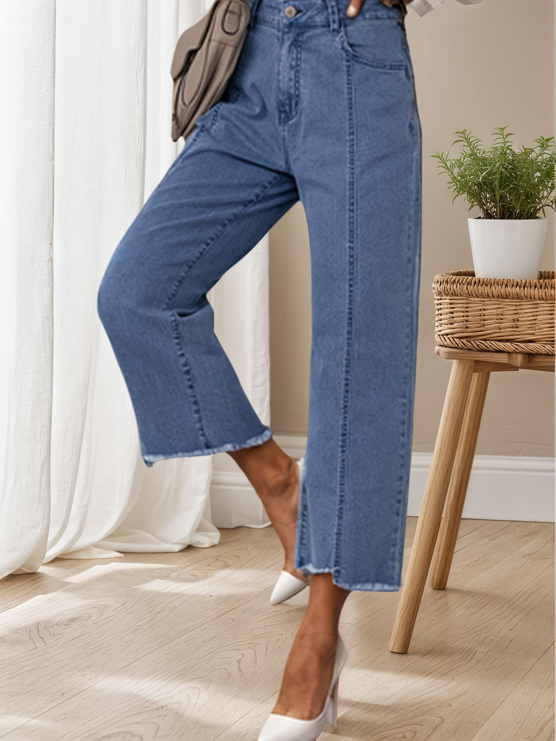 2025 New Women's Perforated Casual And Fashionable Washed Wide Leg Jeans, High Waisted Stretch 7-Inch Jeans, Women's Street Jeans, Perfect Holiday Gift | IFYHOME