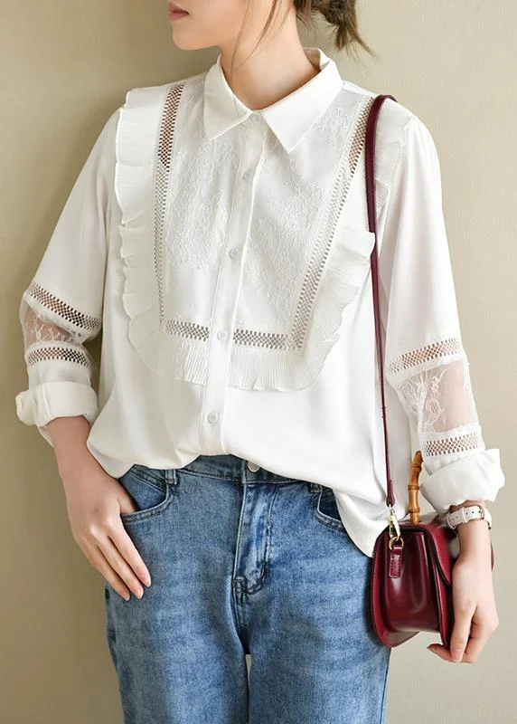 Handmade Patchwork White Long Sleeve Top Ruffles