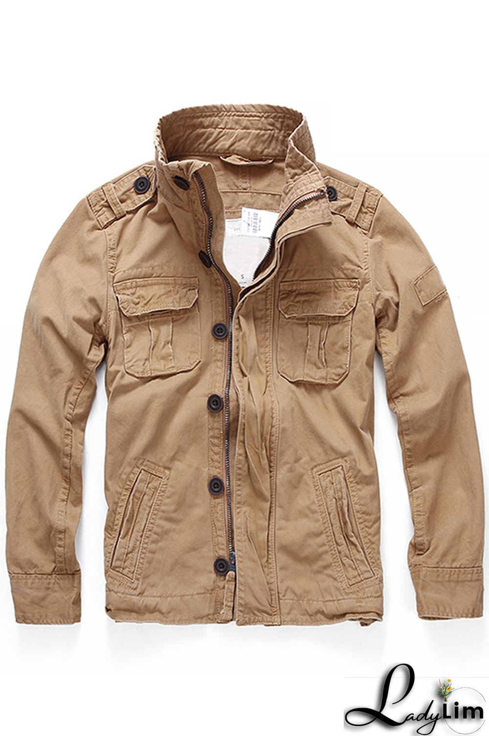 Green Fashion Casual Solid Camouflage Print Buckle Zipper Mandarin Collar Outerwear