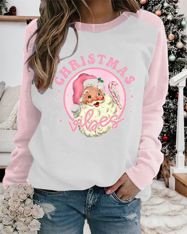 Pink Christmas Santa Print Panel Casual Sweatshirt