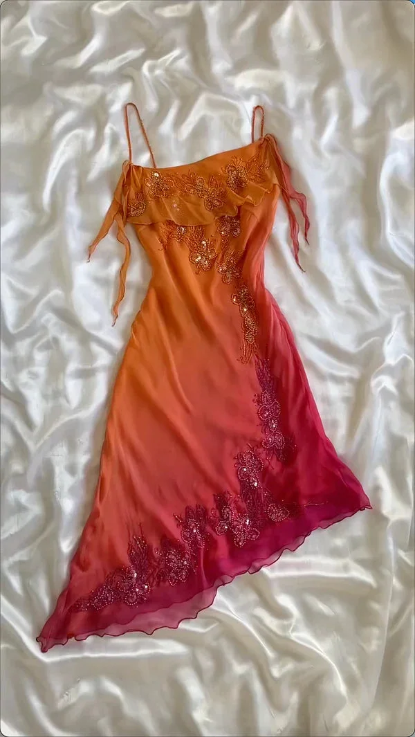 Orange Gradient Exquisite Beaded Spaetti Strap Midi Chiffon Slim Ball Gown Evening Dress Party Dress Prom Dress