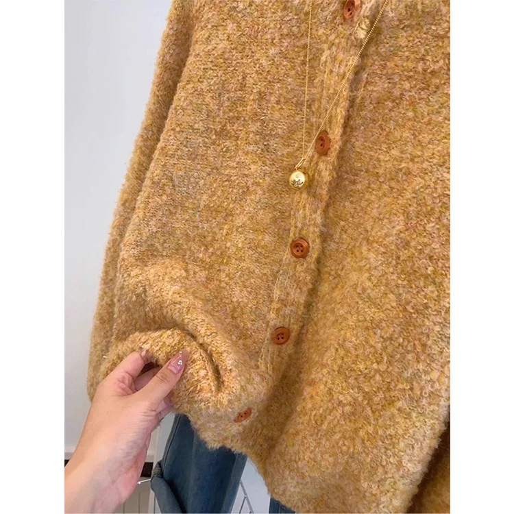 Athvotar Athvotar Yellow Sweater Women's Round-Neck Knitted Open Shirt Jacket Women's Autumn 2025 New Loose Age Reduction Top