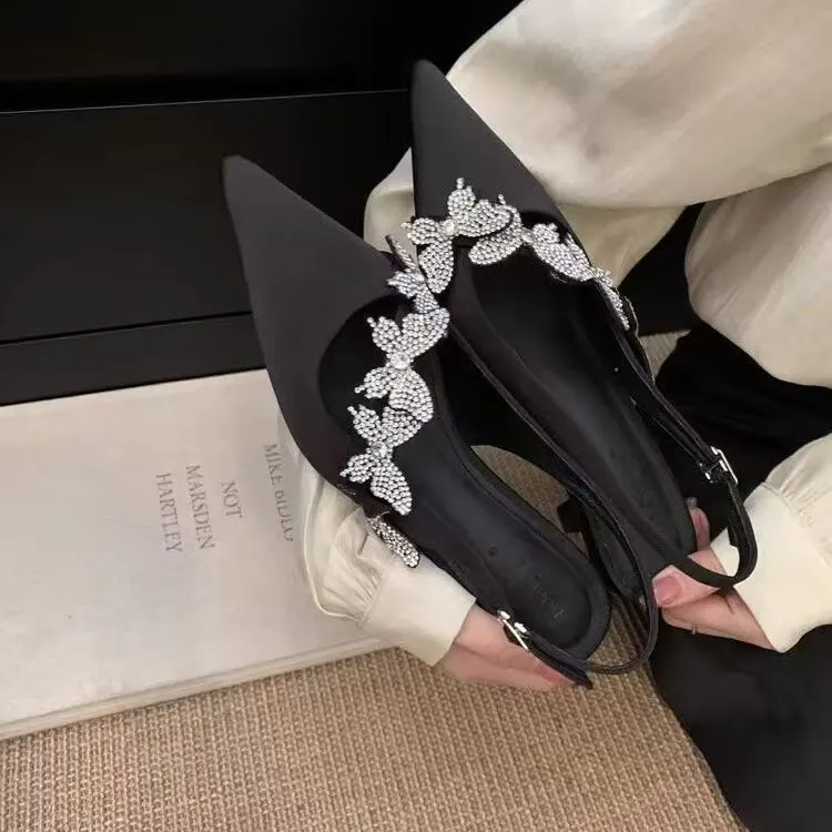 Breakj Breakj 2025 New Chinese Sharp Drill Head Sandals Women Butterfly Silk Satin High Heels Thin Heel With Single Shoes