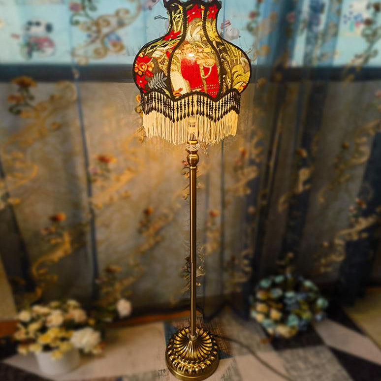 Traditional Vintage Floral Tassel Umbrella Fabric Iron 1-Light Standing Floor Lamp For Living Room