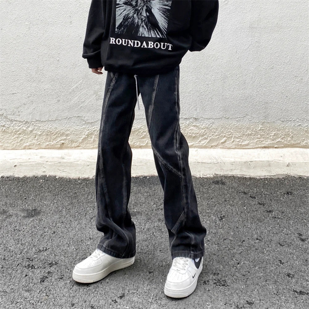 Llyge Jeans Men Black Y2k Casual Fashion Patchwork High Street Trousers Stitch Vintage Autumn Winter Streetwear Stacked Denim Pants llyge
