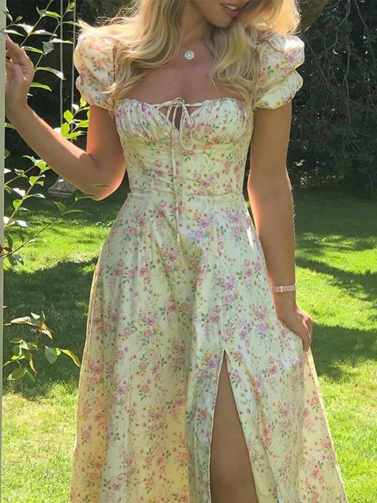 Jacqueline 2022 Puff Sleeve Midi Floral Dress Women Retro Elegant Sexy Split Sundress Casual Ruched Drawstring Dresses Summer