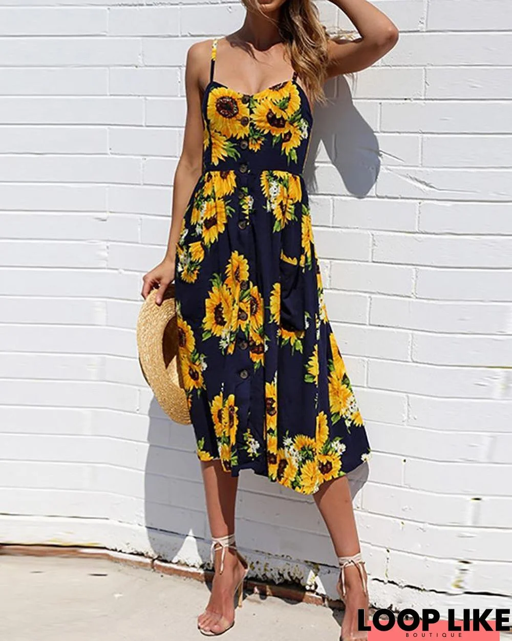 Sunflower Pattern Sweet Midi Dress