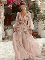 Women's Vintage Floral Art Linen Blend V-neck Dress