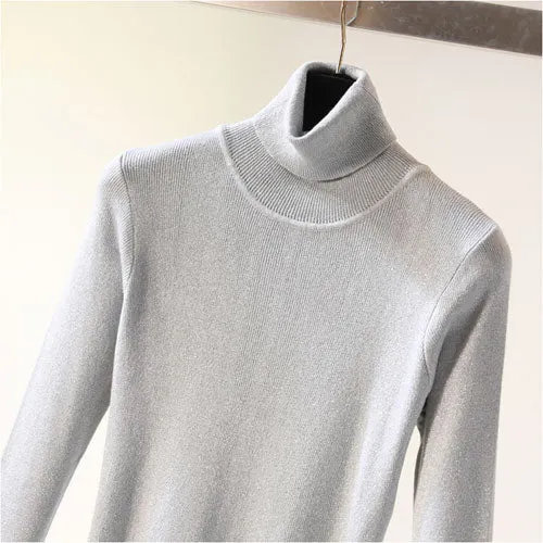 Glitter Turtleneck knit sweater Shinny Chic Women Sweaters And Pullovers spring Autumn thin bling Lurex slim baisc sweater