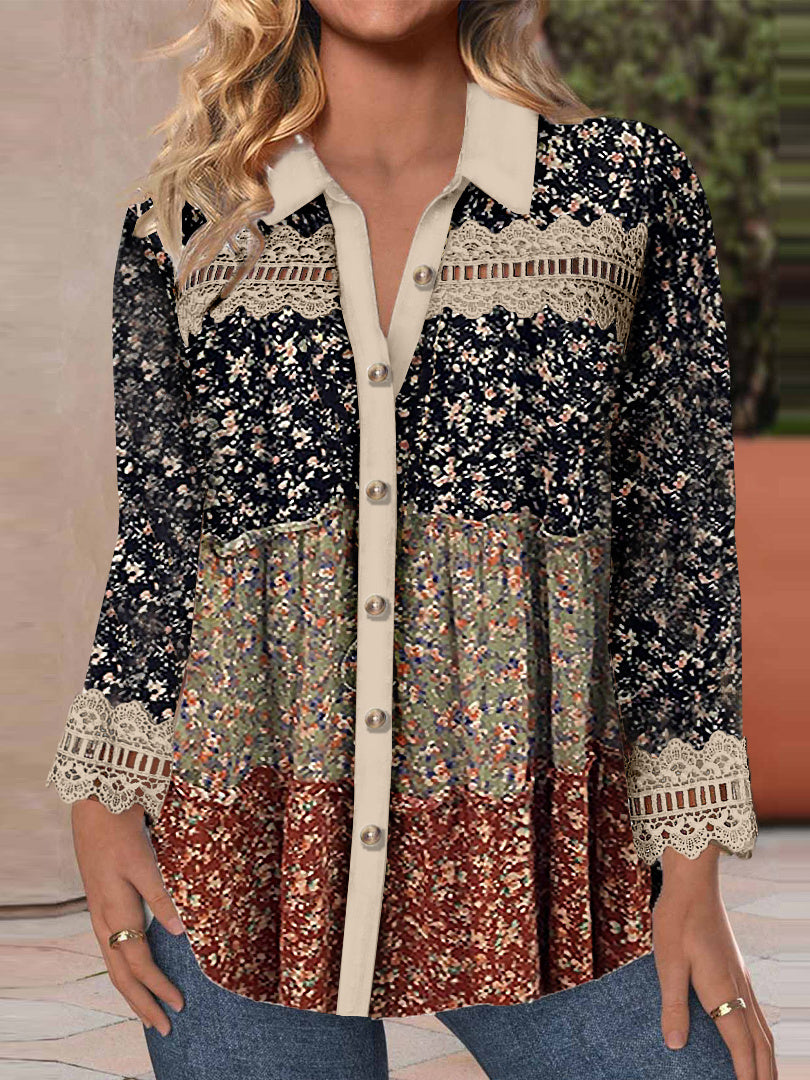 Women Long Sleeve V-neck Graphic Floral Printed Top