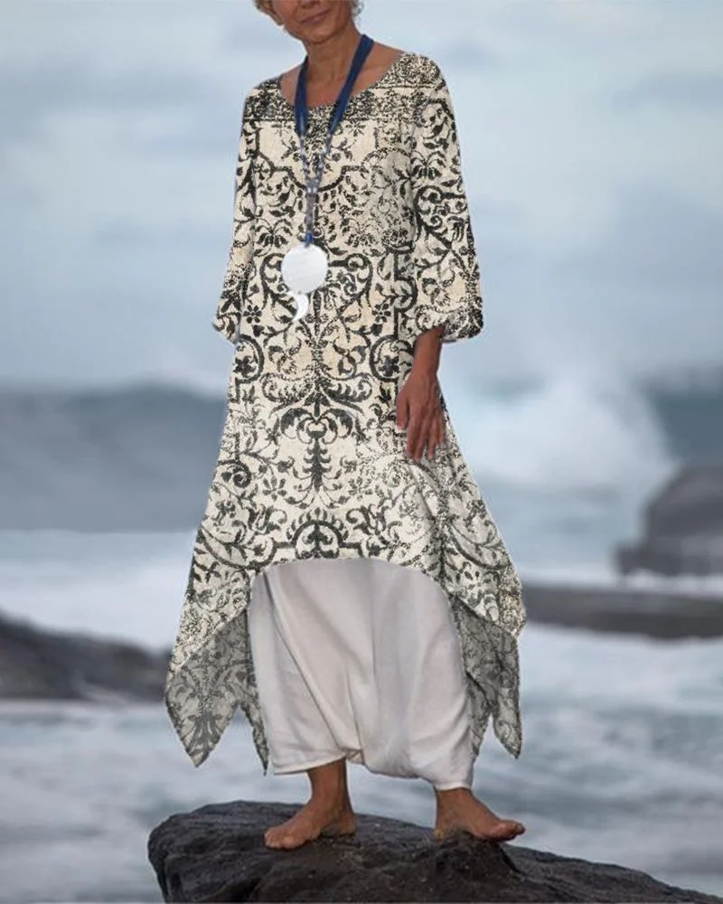 Casual Crew Neck Printed Loose Dress