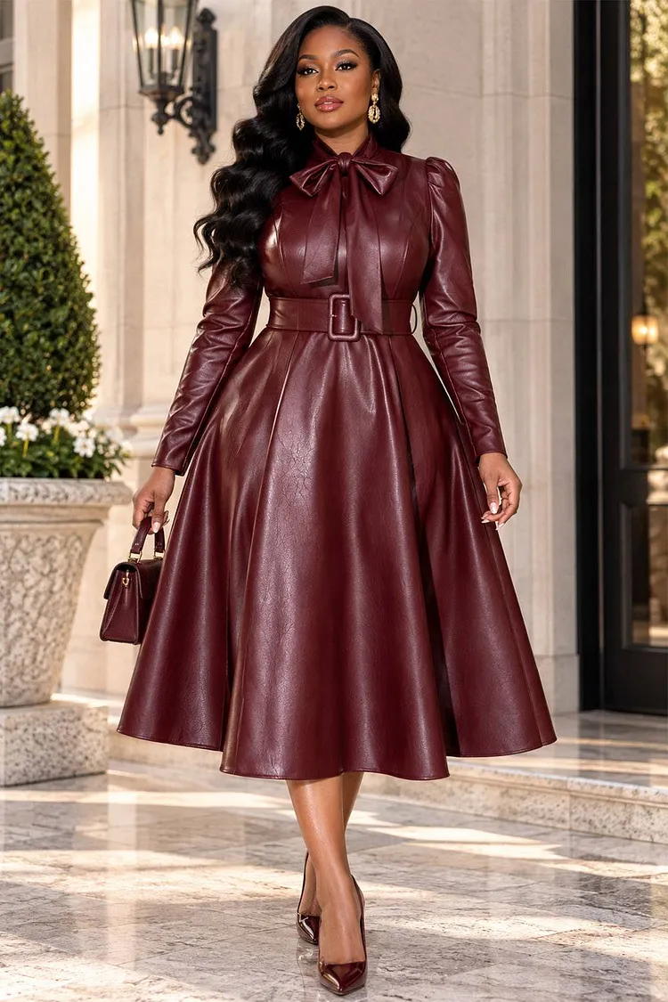 Xpluswear Design Plus Size Business Casual Elegant Burgundy Long Sleeve Bow Tie Pocket PU Leather Midi Dresses [Pre-Order] 2024 - Xpluswear