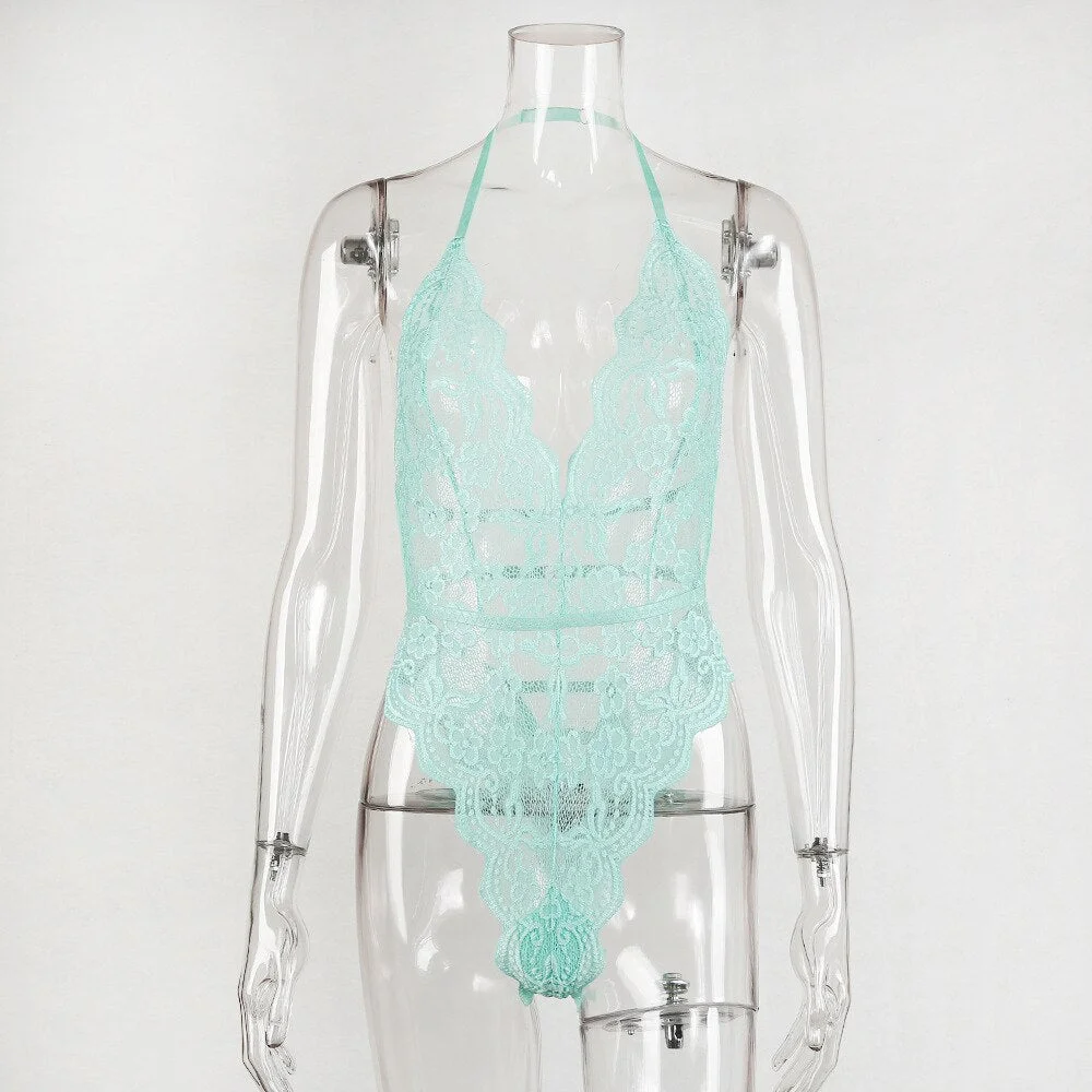 Yimunancy Floral Lace Bodysuit Women 9 Colors Halter Backless Bodysuit Ladies Sexy Teddies Bodysuit Body Femme