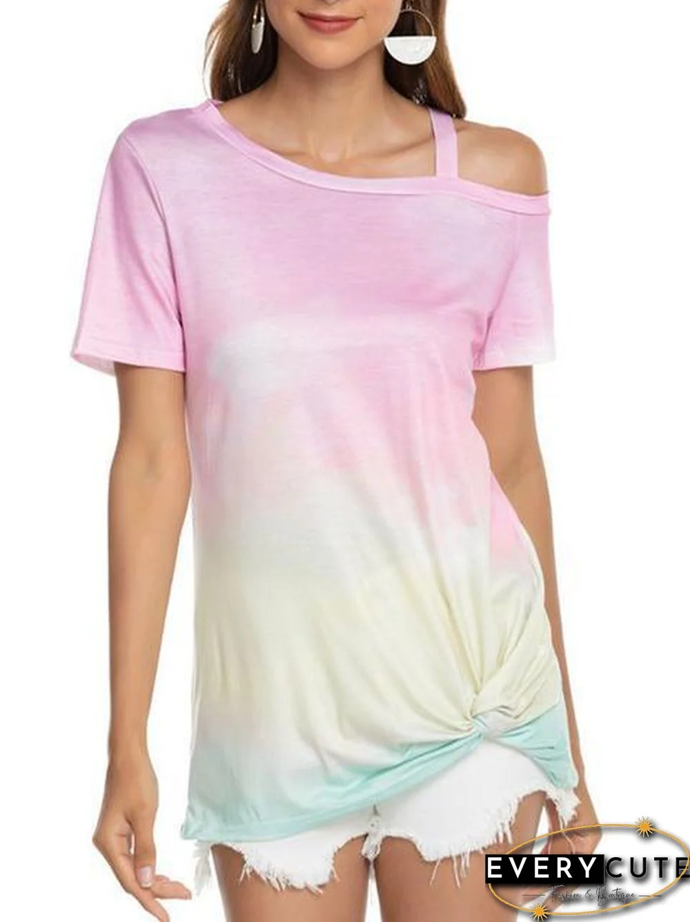 Gradient Color Cold Shoulder Twisted T-Shirt