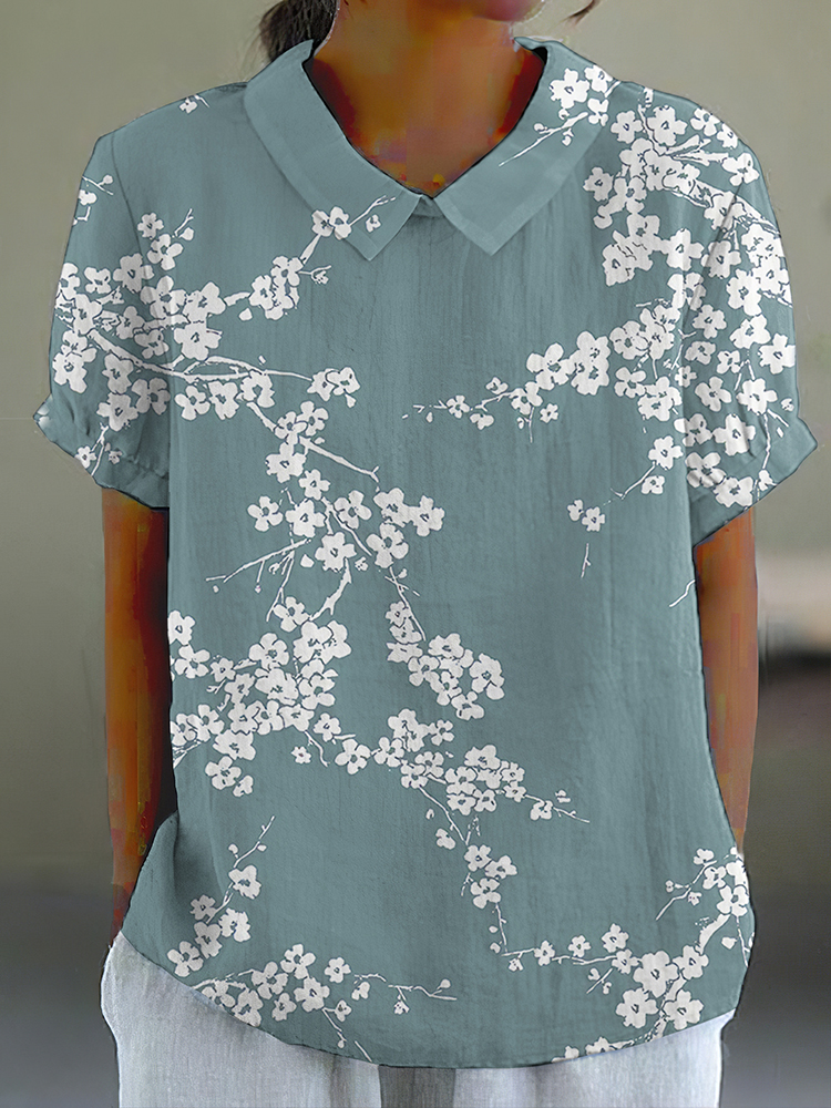 Comstylish Cherry Blossom Japanese Print Casual Cotton Linen Shirt