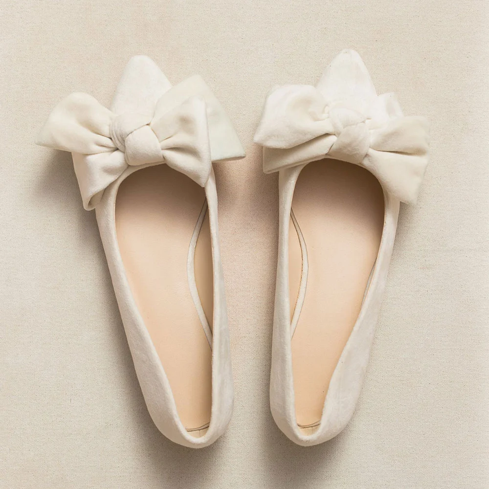 YDN Ivory Pointed Toe Bow Decor Elegant Flat Shoes for Women