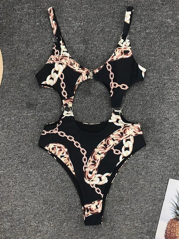 Abstract Printed Hollow One-Piece Swimwear