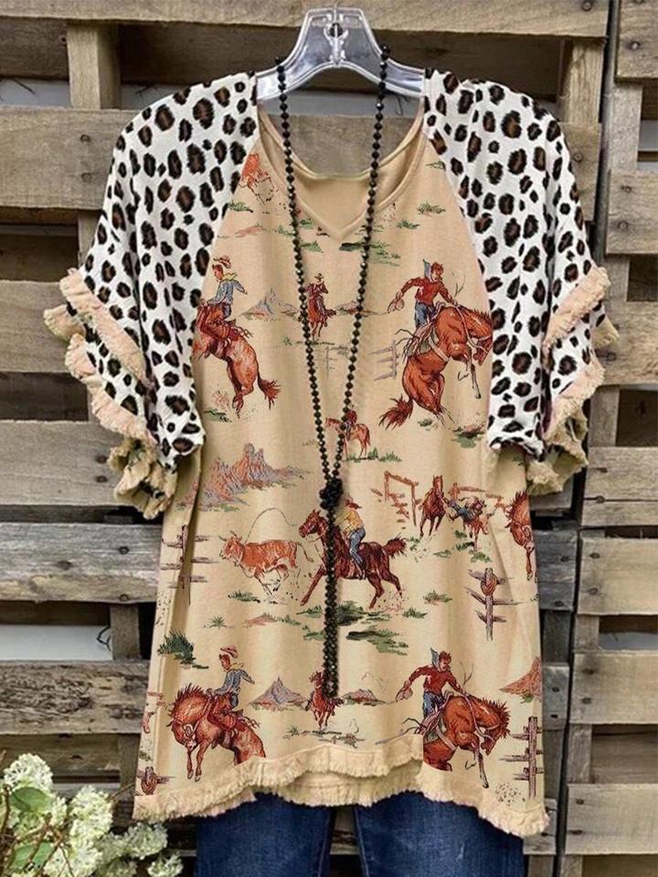 2021 Animal Printed Women Cotton T Shirts Leopard Patchwork V Neck Ruffle Sleeve Kawaii Ladies Tops Plus Size Loose Woman Tops