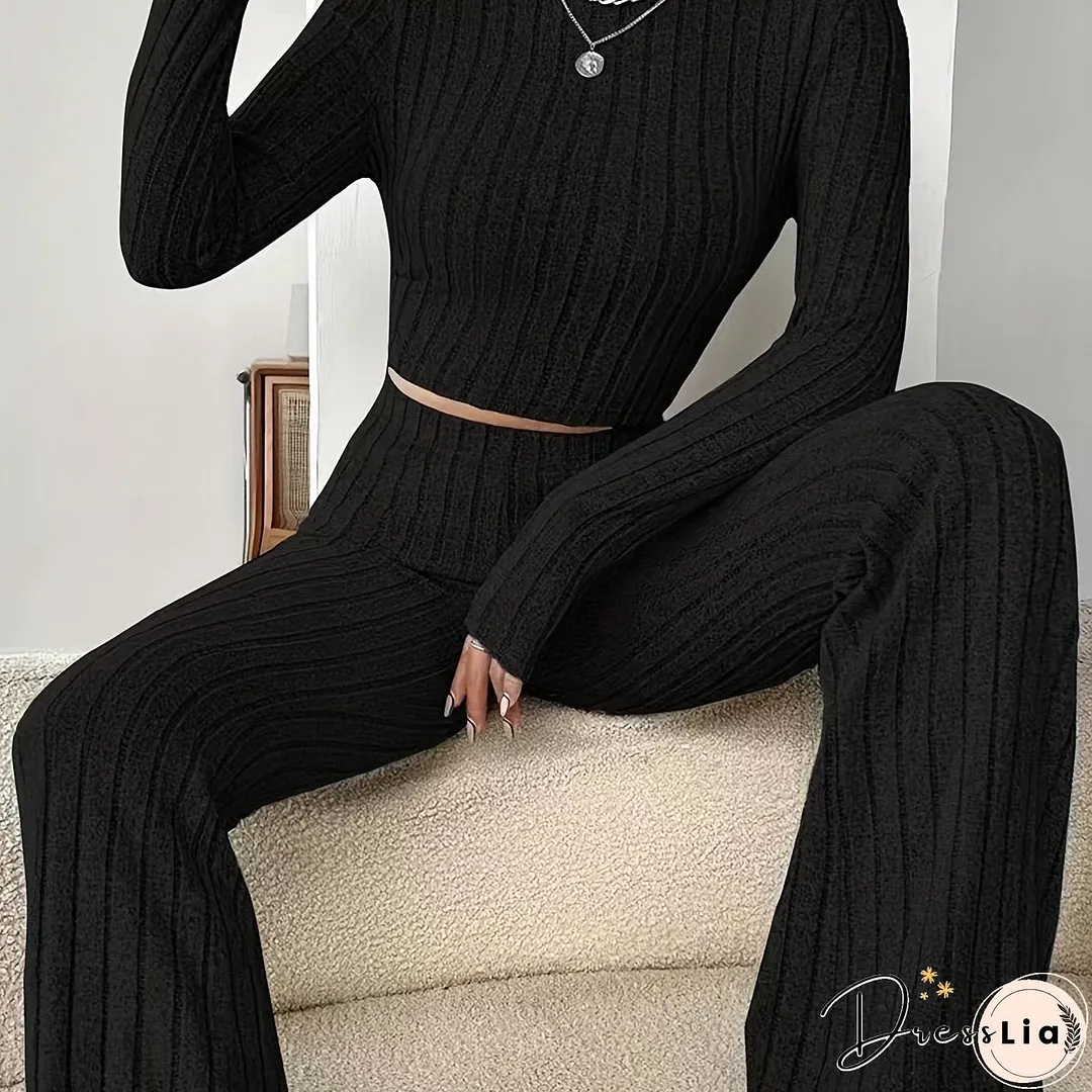 Solid Ribbed Two-piece Set Mock Neck Long Sleeve Tops Flared Leg Pants Outfits Womens