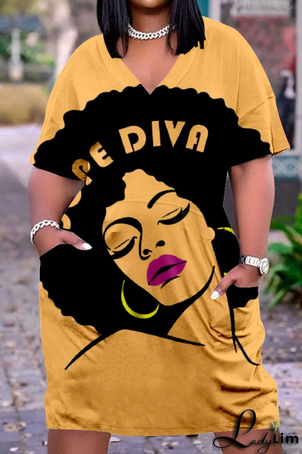 Beige Casual Street Print Patchwork V Neck Straight Dresses