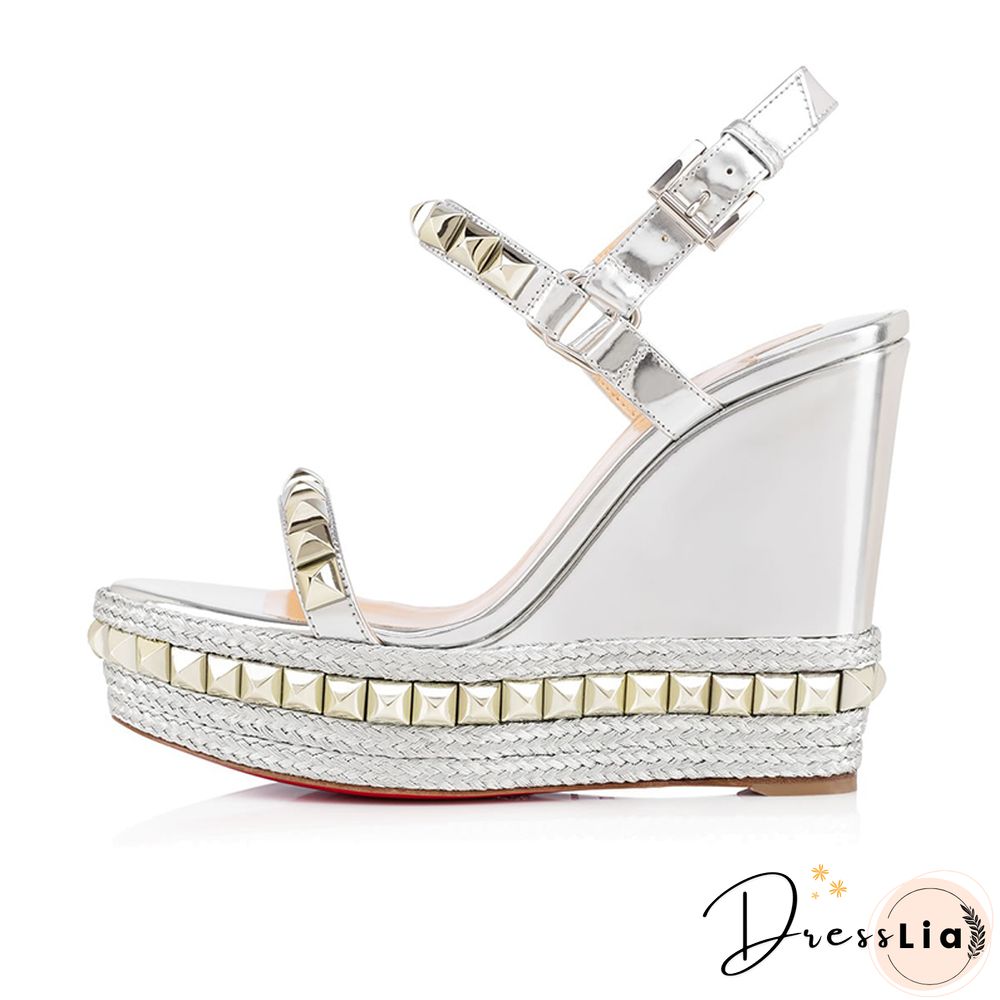Rivet Wedges Sandals Waterproof Super High Heel Summer Women Shoes Ankle Buckle Round Open Toe Cut Out Silver Sandals