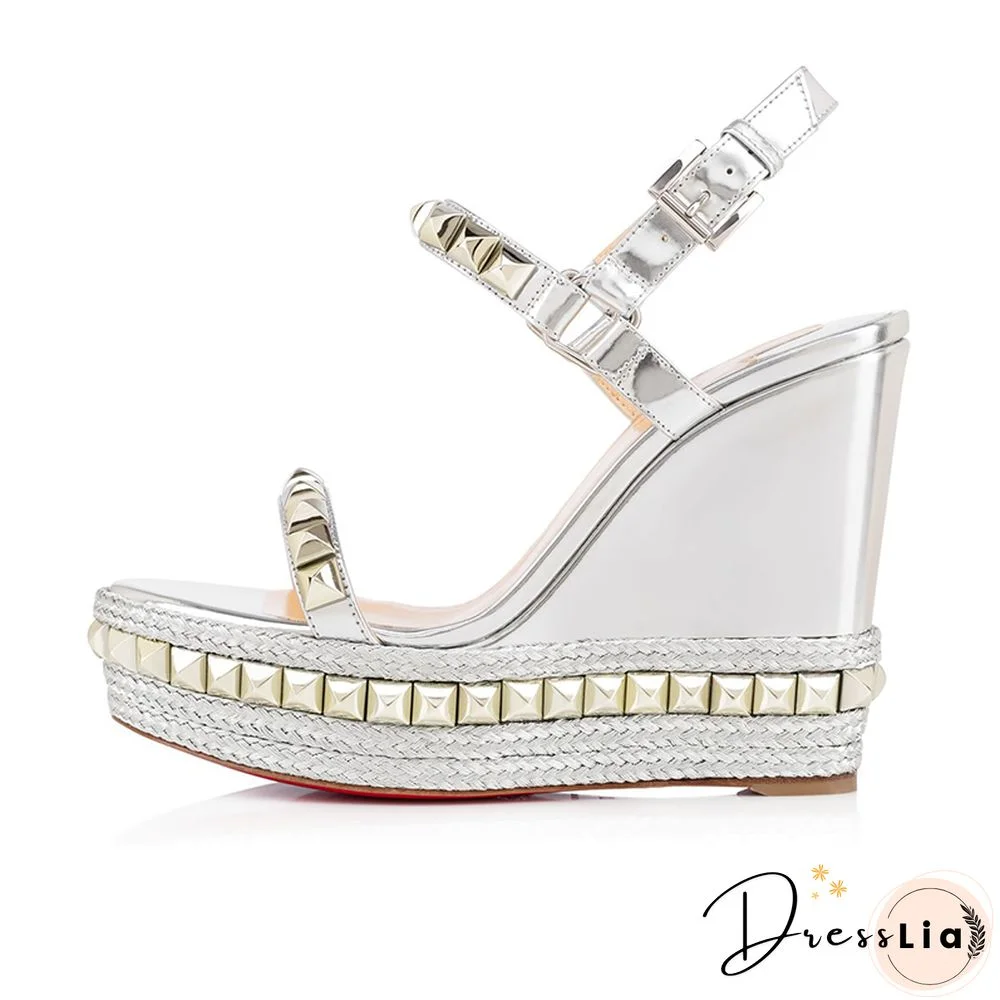 Rivet Wedges Sandals Waterproof Super High Heel Summer Women Shoes Ankle Buckle Round Open Toe Cut Out Silver Sandals