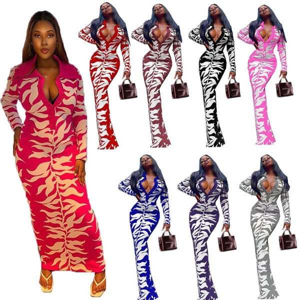 Dresses for Women Autumn Women Long Sleeve V-neck Printing Polyester Long Dress - BlackFridayBuys