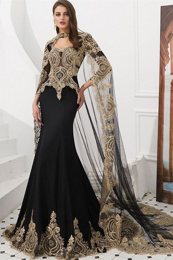 Bellasprom Long Sleeves Mermaid Prom Dress Gold Appliques With Cape