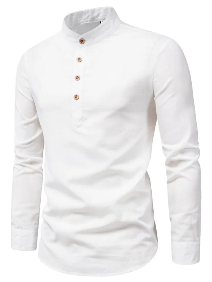 Men's Breathable Solid Color Stand-up Collar Shirt Fashion Slim Solid Color Long-sleeved Business Stand-up Collar Cotton Linen Half Open Shirt M,L,XL,XXL,XXXL,XXXL,XXXXXL-Mixcun