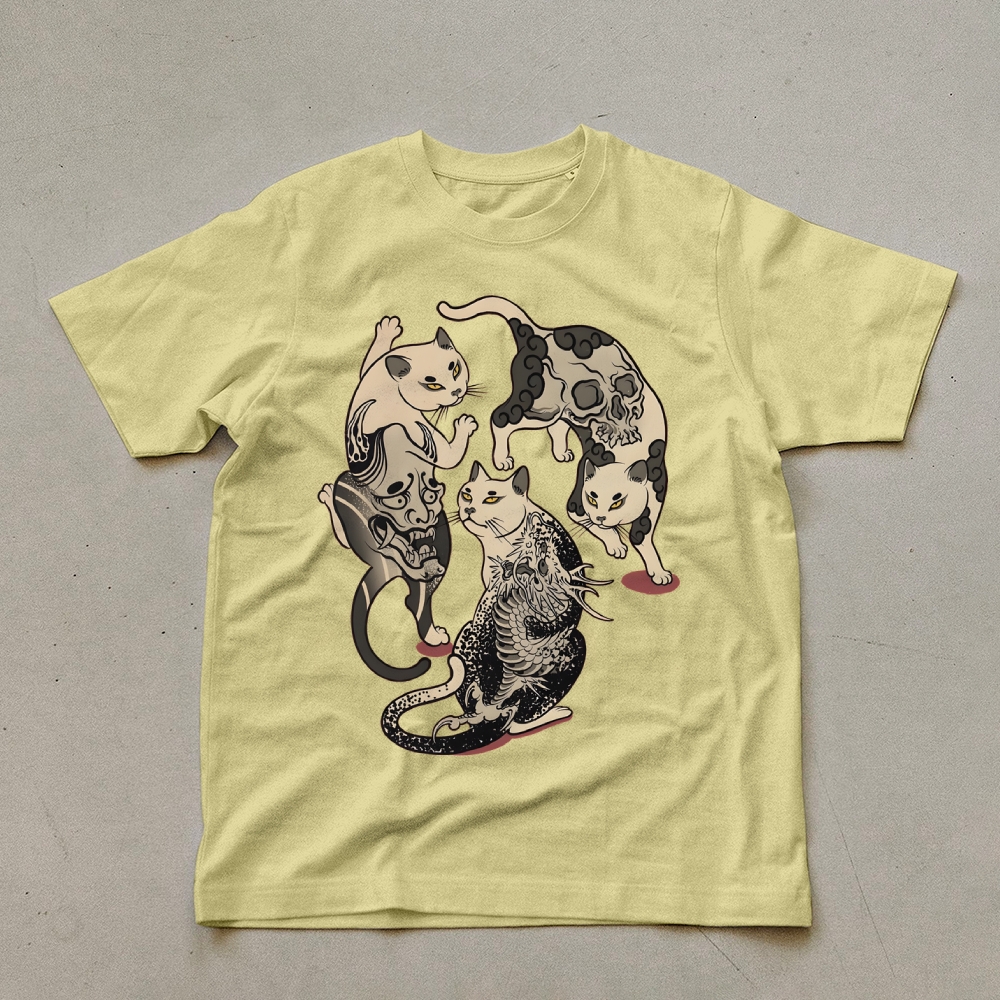 Three Scary Tattoo Cats Unisex Prints T-Shirt
