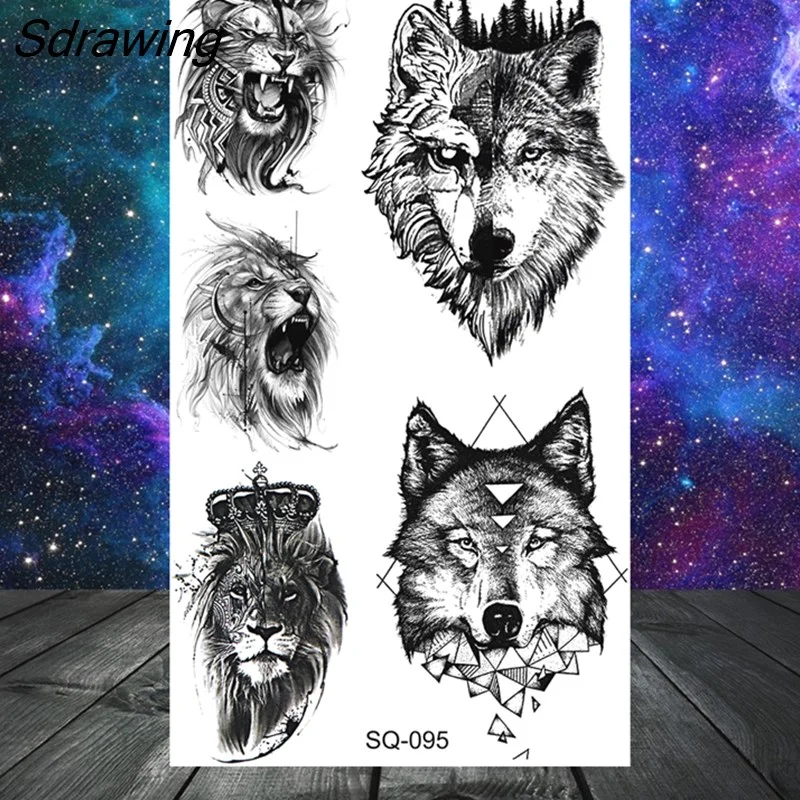 Sdrawing Butterfly Anchor Lion Wolf Temporary Tattoos For Women Men Skeleton Whale Elephant Fake Tattoo Neck Arm Hands Small Tatoo
