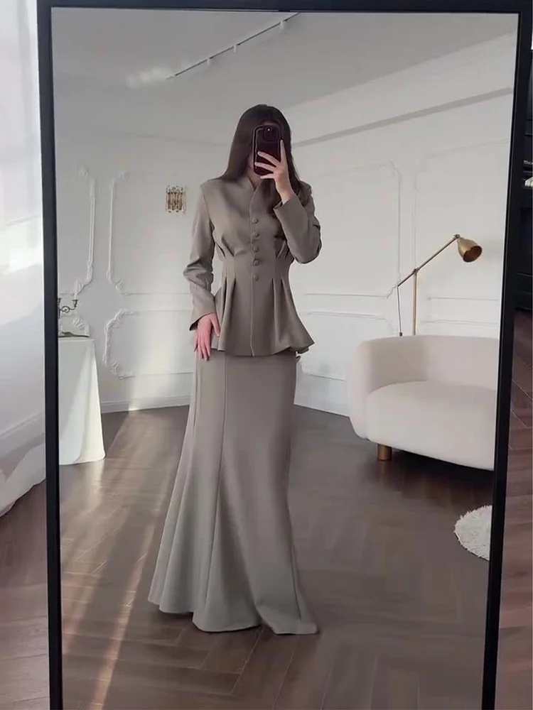 Retro Solid Color Long-sleeved Top High Waist Mid-length Dress Set