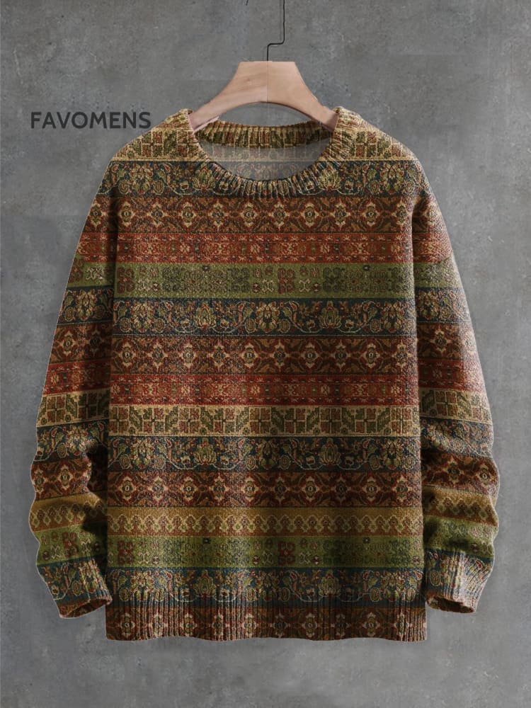 Vintage Stripes National Totem Art Print Knit Pullover Sweater Multicolor / S