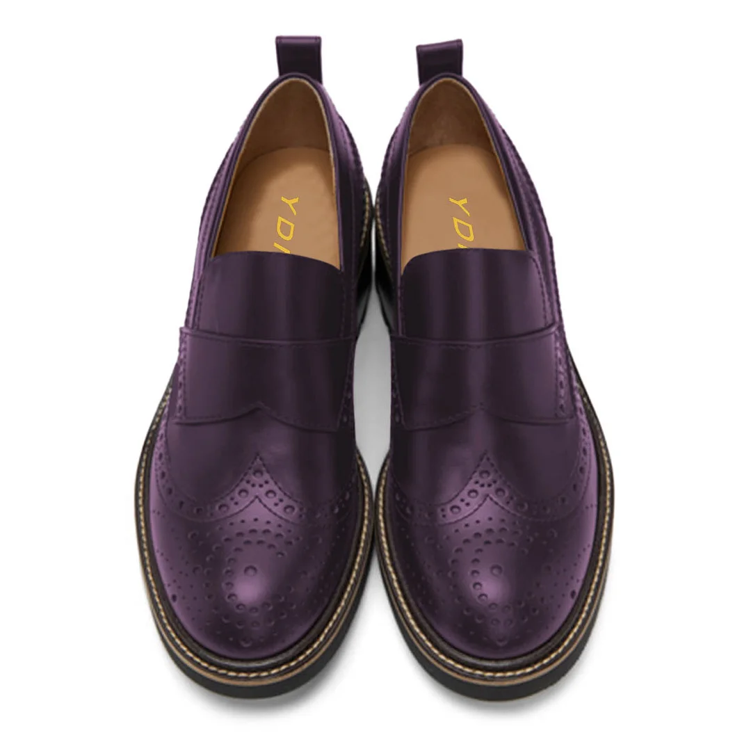 Purple Hollow Out Slip-On Round Toe Block Heel Loafer Shoes Women