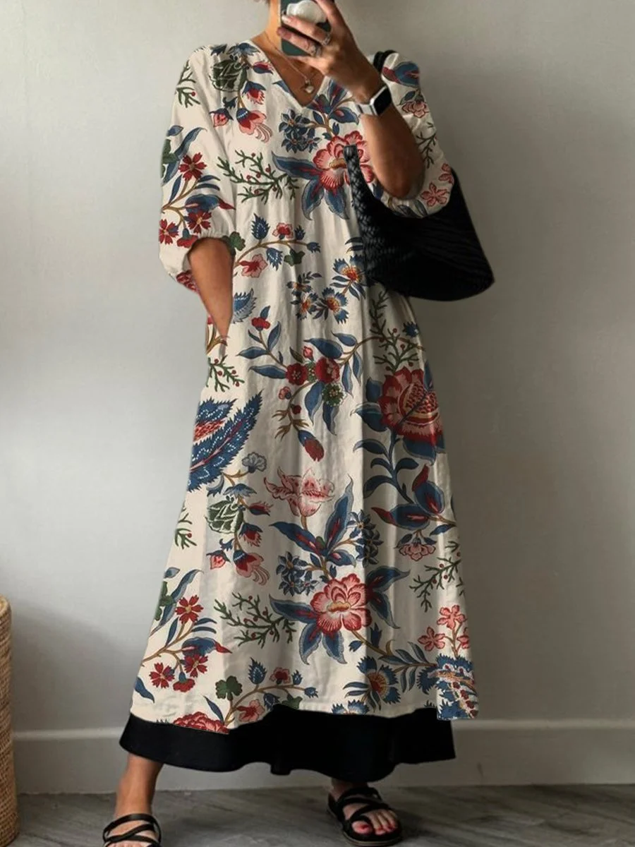 Women's Vintage Flowers and Birds Print Pocket V-neck Cotton Dress