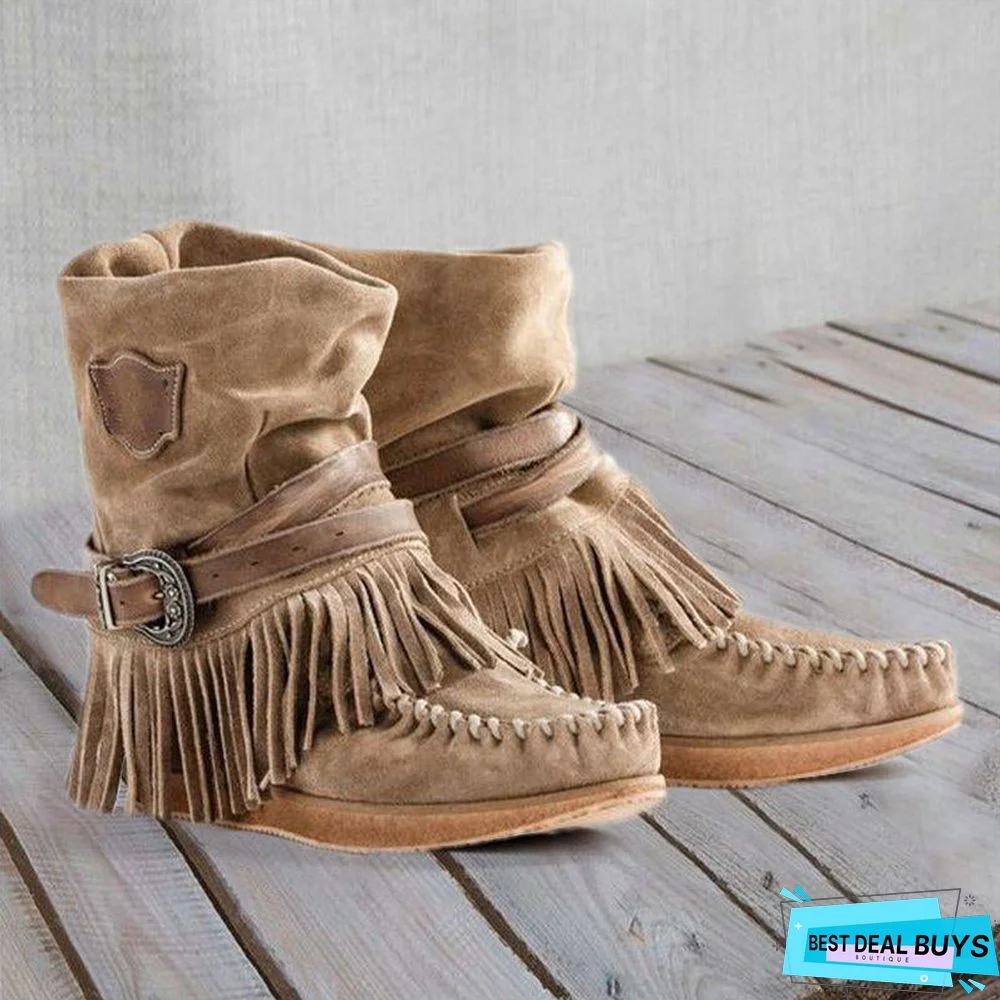 Women's Fringe Round Toe Retro Boots