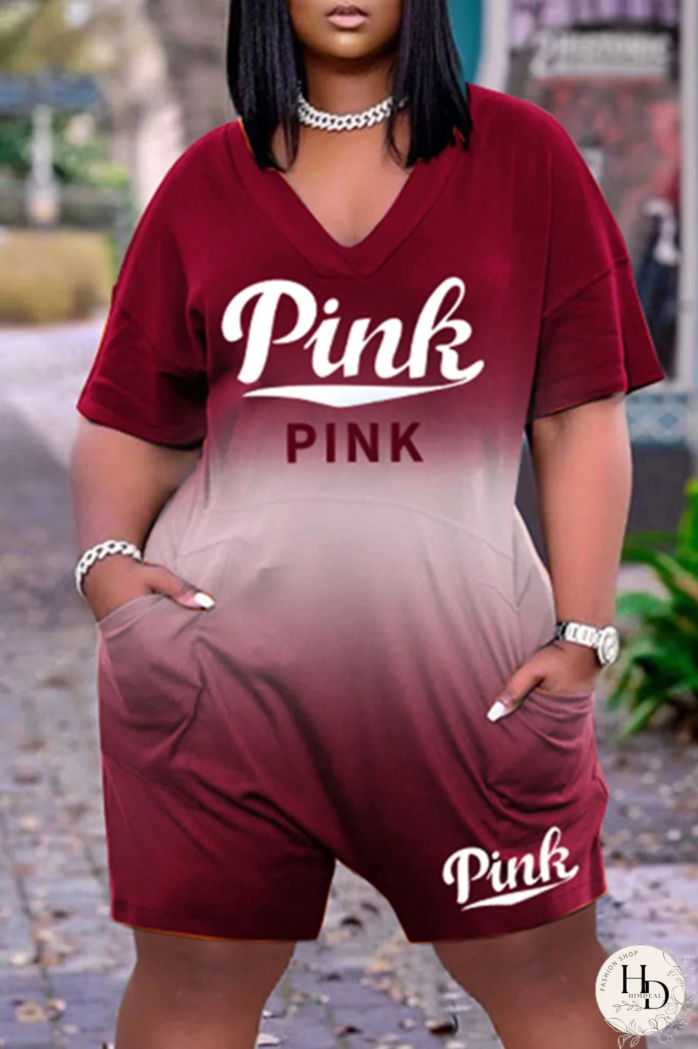 Burgundy Fashion Casual Gradual Change Letter Print Basic V Neck Plus Size Romper