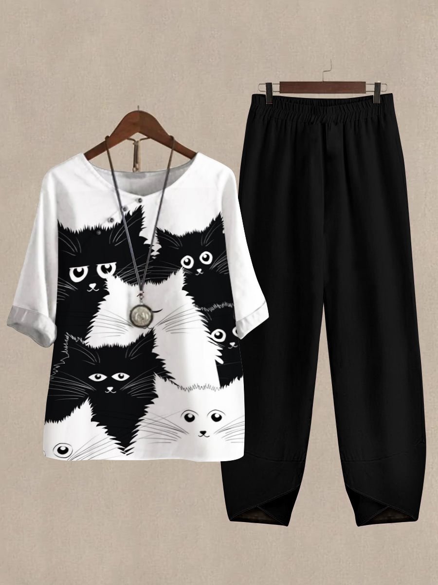 Linen Casual Women's Cartoon Cat Print Two Pieces Set
