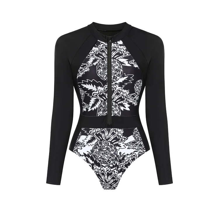 Color Block Printed Long Sleeve One Piece Surf Swimsuit and Skirt