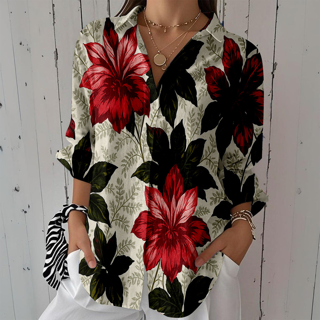 Women Long Sleeve V-neck Graphic Floral Printed Top