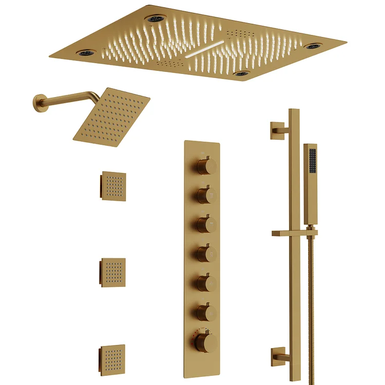 EVERSTEIN Ceiling Mount Luxury Thermostatic Shower System in Brushed Gold, 27.5" x 15.75"