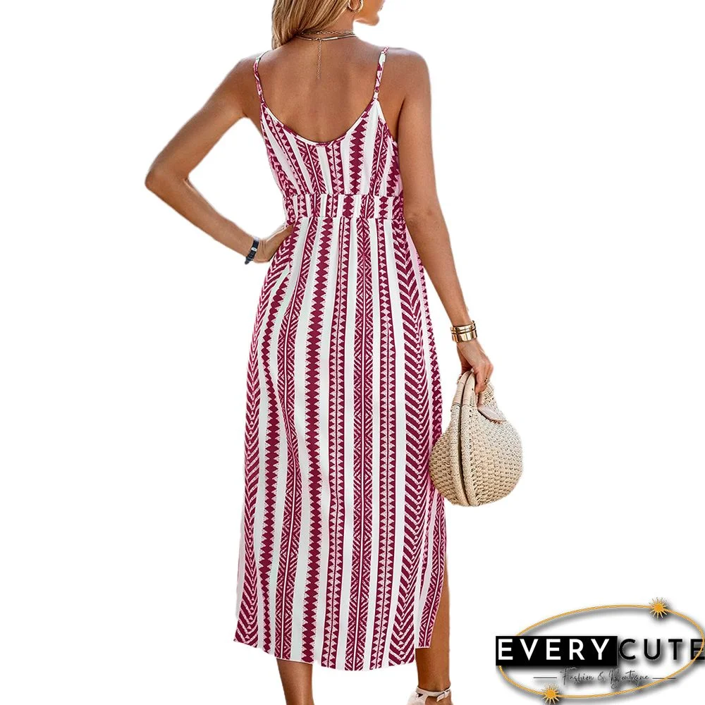 Red Print Spaghetti Strap V Neck Split Maxi Dress