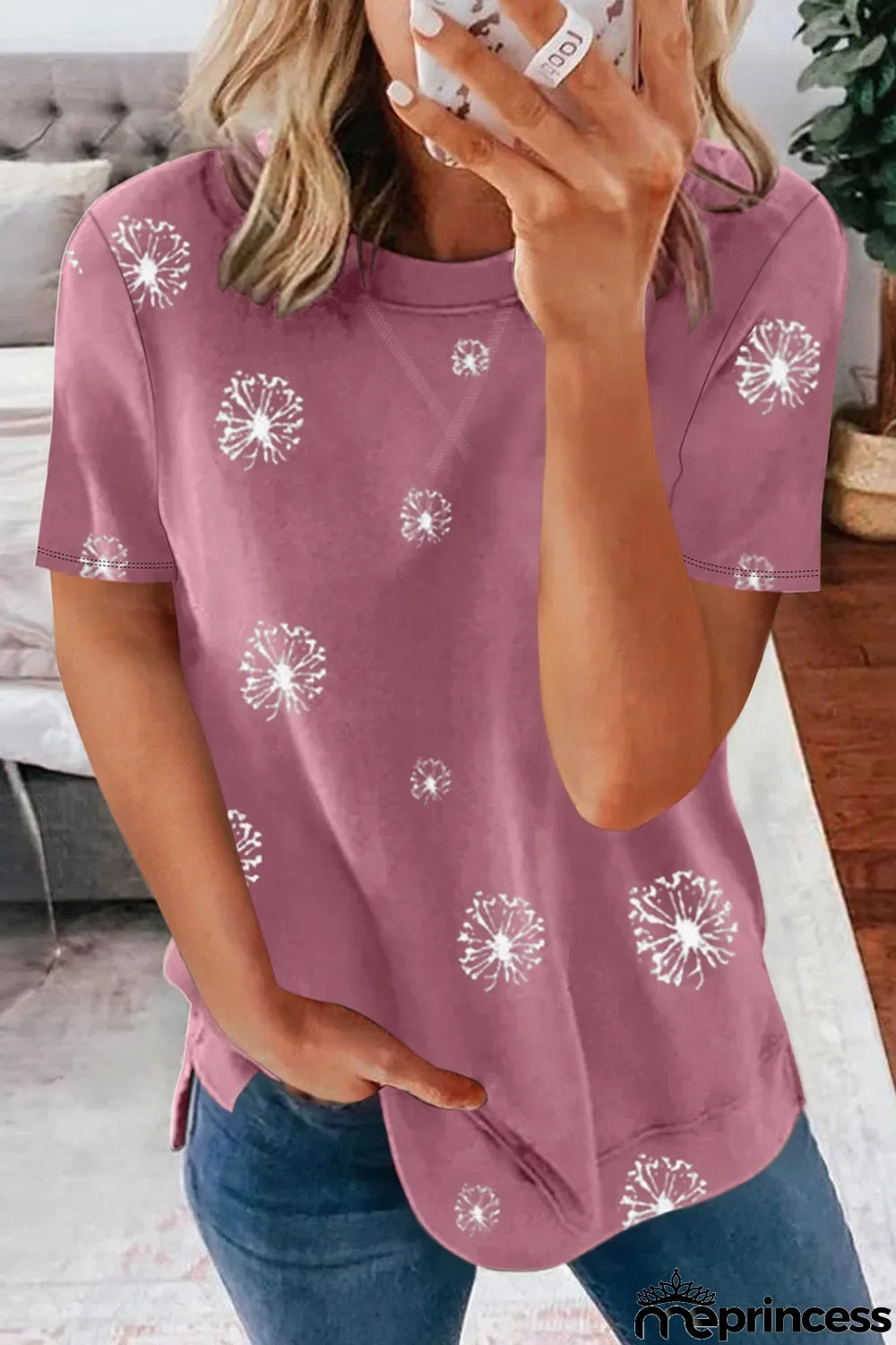 Pink Dandelion Print Crew Neck T-shirt
